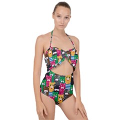 Cat Funny Colorful Pattern Scallop Top Cut Out Swimsuit by uniart180623