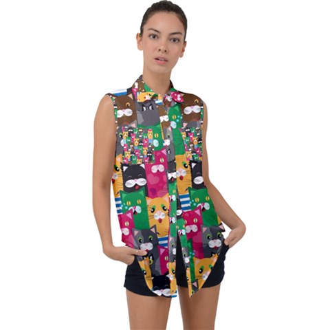 Cat Funny Colorful Pattern Sleeveless Chiffon Button Shirt by uniart180623