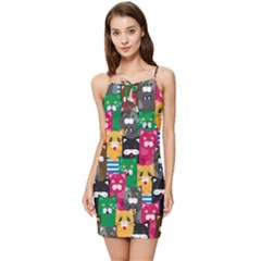 Cat Funny Colorful Pattern Summer Tie Front Dress by uniart180623