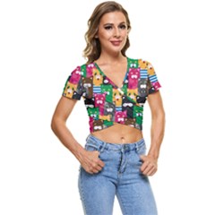 Cat Funny Colorful Pattern Short Sleeve Foldover Tee by uniart180623