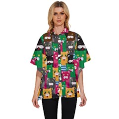 Cat Funny Colorful Pattern Women s Batwing Button Up Shirt