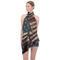 Flag Usa American Flag Halter Asymmetric Satin Top