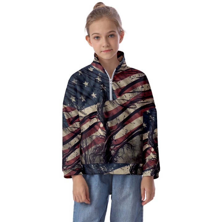 Flag Usa American Flag Kids  Half Zip Hoodie