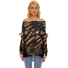 Flag Usa American Flag Off Shoulder Chiffon Pocket Shirt