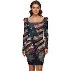 Flag Usa American Flag Women Long Sleeve Ruched Stretch Jersey Dress