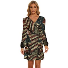 Flag Usa American Flag Long Sleeve Waist Tie Ruffle Velvet Dress