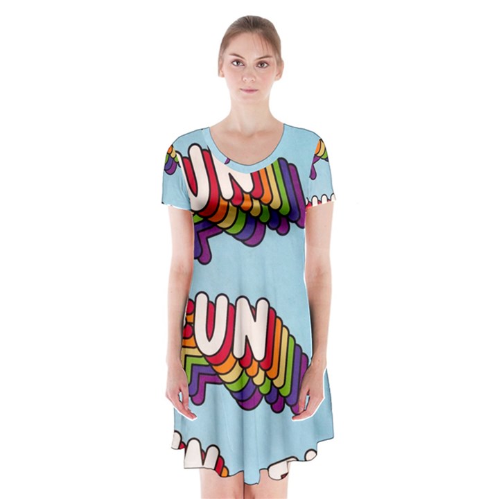 Fun Word Inscription Rainbow Pattern Short Sleeve V-neck Flare Dress