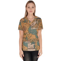 World Map Travel Pattern Architecture Women s V-neck Scrub Top by uniart180623