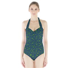 Green Patterns Lines Circles Texture Colorful Halter Swimsuit by uniart180623