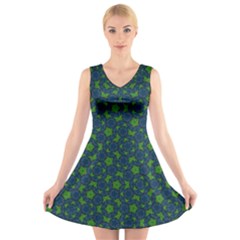 Green Patterns Lines Circles Texture Colorful V-neck Sleeveless Dress by uniart180623