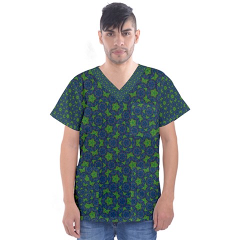 Green Patterns Lines Circles Texture Colorful Men s V-neck Scrub Top by uniart180623