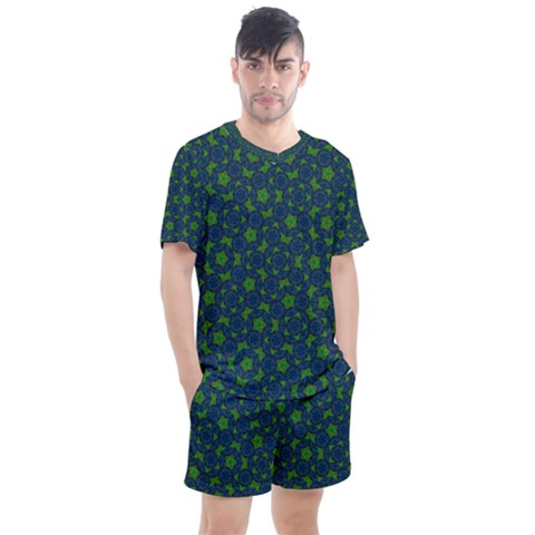 Green Patterns Lines Circles Texture Colorful Men s Mesh Tee And Shorts Set by uniart180623