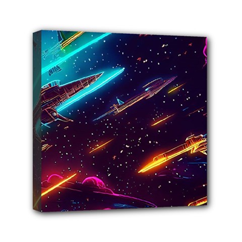 Night Sky Neon Spaceship Drawing Mini Canvas 6  X 6  (stretched) by Ravend