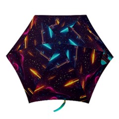 Night Sky Neon Spaceship Drawing Mini Folding Umbrellas by Ravend