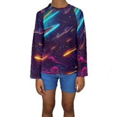 Night Sky Neon Spaceship Drawing Kids  Long Sleeve Swimwear by Ravend