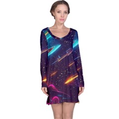 Night Sky Neon Spaceship Drawing Long Sleeve Nightdress by Ravend