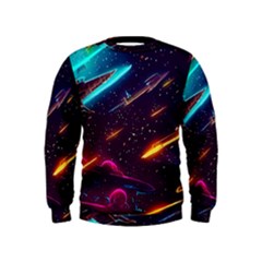 Night Sky Neon Spaceship Drawing Kids  Sweatshirt by Ravend