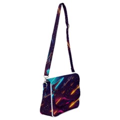 Night Sky Neon Spaceship Drawing Shoulder Bag With Back Zipper by Ravend