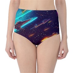 Night Sky Neon Spaceship Drawing Classic High-waist Bikini Bottoms by Ravend