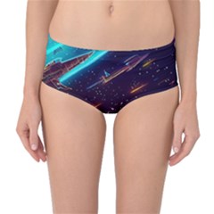 Night Sky Neon Spaceship Drawing Mid-waist Bikini Bottoms by Ravend