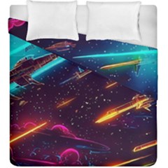 Night Sky Neon Spaceship Drawing Duvet Cover Double Side (king Size) by Ravend