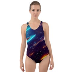 Night Sky Neon Spaceship Drawing Cut-out Back One Piece Swimsuit by Ravend