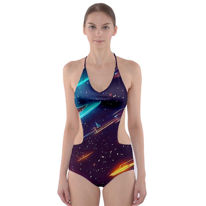 Night Sky Neon Spaceship Drawing Cut-Out One Piece Swimsuit