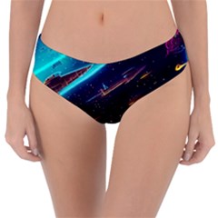 Night Sky Neon Spaceship Drawing Reversible Classic Bikini Bottoms by Ravend