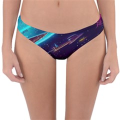 Night Sky Neon Spaceship Drawing Reversible Hipster Bikini Bottoms by Ravend