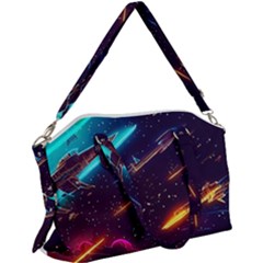 Night Sky Neon Spaceship Drawing Canvas Crossbody Bag by Ravend