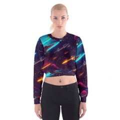 Night Sky Neon Spaceship Drawing Cropped Sweatshirt by Ravend