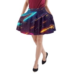 Night Sky Neon Spaceship Drawing A-line Pocket Skirt by Ravend