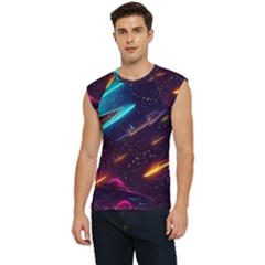 Night Sky Neon Spaceship Drawing Men s Raglan Cap Sleeve Tee by Ravend