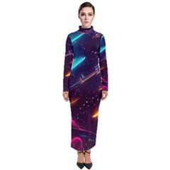 Night Sky Neon Spaceship Drawing Turtleneck Maxi Dress by Ravend