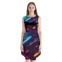 Night Sky Neon Spaceship Drawing Sleeveless Chiffon Dress   by Ravend