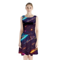 Night Sky Neon Spaceship Drawing Sleeveless Waist Tie Chiffon Dress by Ravend