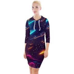 Night Sky Neon Spaceship Drawing Quarter Sleeve Hood Bodycon Dress by Ravend