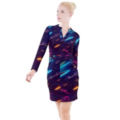 Night Sky Neon Spaceship Drawing Button Long Sleeve Dress by Ravend