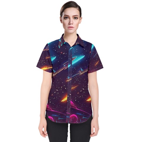 Night Sky Neon Spaceship Drawing Women s Short Sleeve Shirt by Ravend