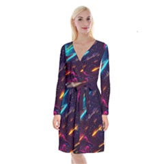 Night Sky Neon Spaceship Drawing Long Sleeve Velvet Front Wrap Dress by Ravend