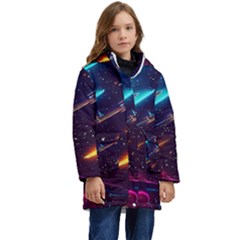 Night Sky Neon Spaceship Drawing Kids  Hooded Longline Puffer Jacket by Ravend