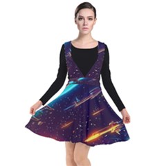 Night Sky Neon Spaceship Drawing Plunge Pinafore Dress by Ravend