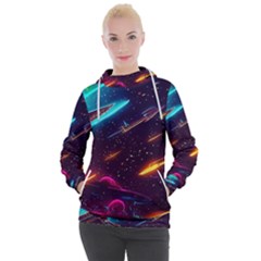 Night Sky Neon Spaceship Drawing Women s Hooded Pullover by Ravend