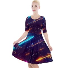 Night Sky Neon Spaceship Drawing Quarter Sleeve A-line Dress by Ravend