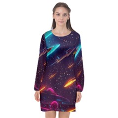 Night Sky Neon Spaceship Drawing Long Sleeve Chiffon Shift Dress  by Ravend