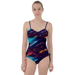 Night Sky Neon Spaceship Drawing Sweetheart Tankini Set by Ravend