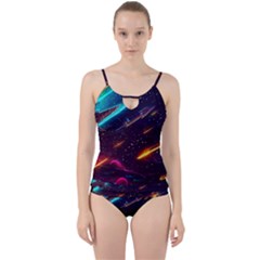 Night Sky Neon Spaceship Drawing Cut Out Top Tankini Set by Ravend