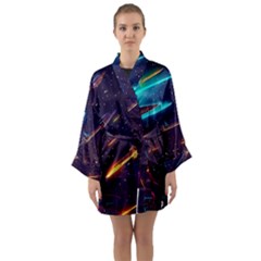 Night Sky Neon Spaceship Drawing Long Sleeve Satin Kimono by Ravend