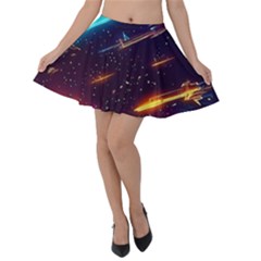 Night Sky Neon Spaceship Drawing Velvet Skater Skirt by Ravend