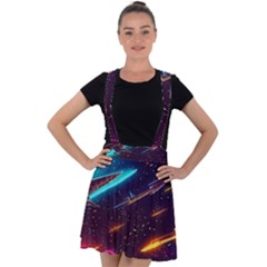 Night Sky Neon Spaceship Drawing Velvet Suspender Skater Skirt by Ravend